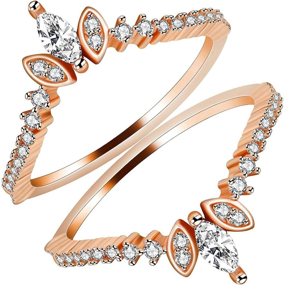 🆕 Women Gold Marquise Stack Rings Sterling Crown Wedding Engagement Guard Gift